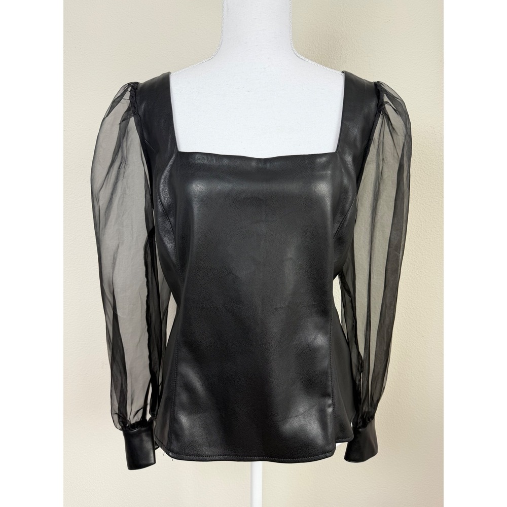 Marc New York Womens Faux Leather Top L Black Sheer Organza Puff Sleeve Goth